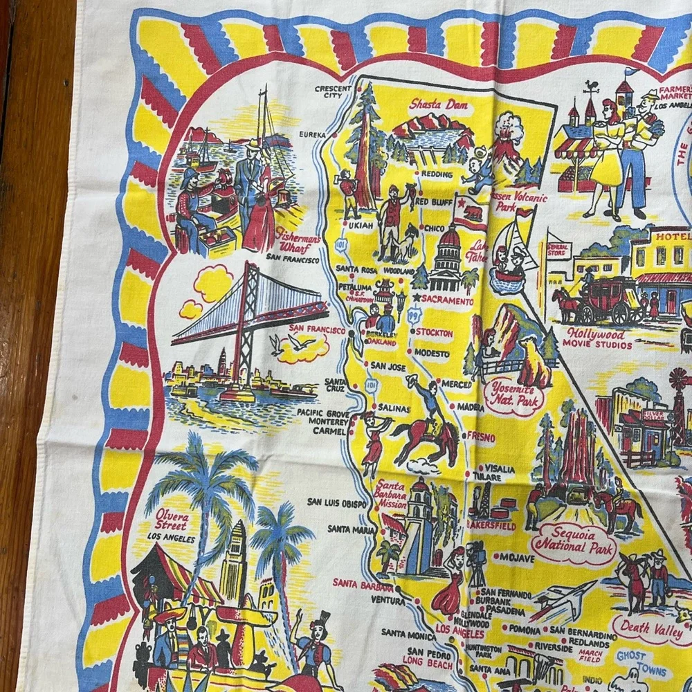 California Vintage Souvenir Map tablecloth red and Yellow Cotton